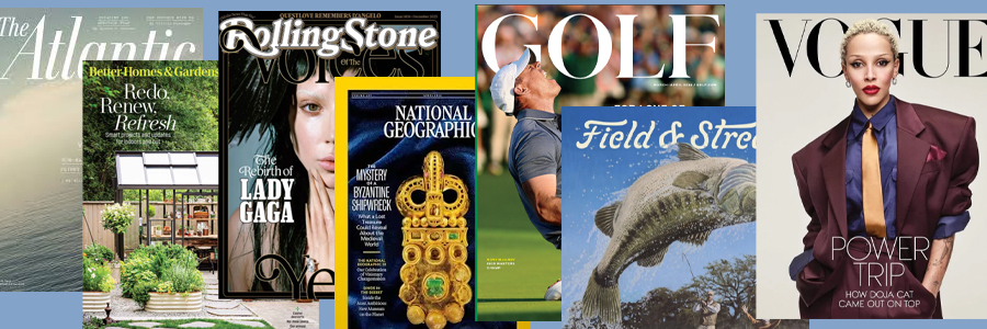 Many popular magazine covers stacked in a row